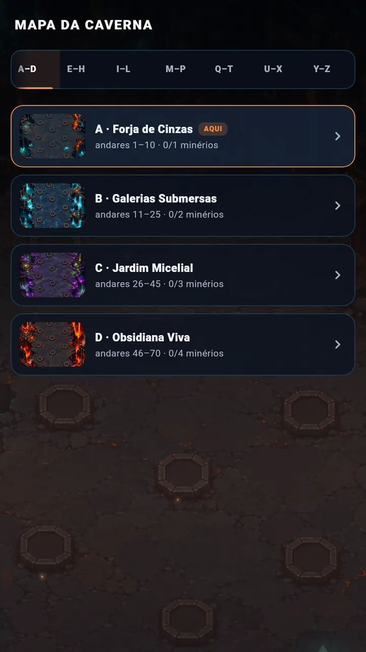 Mapa da caverna com os setores de A a Z