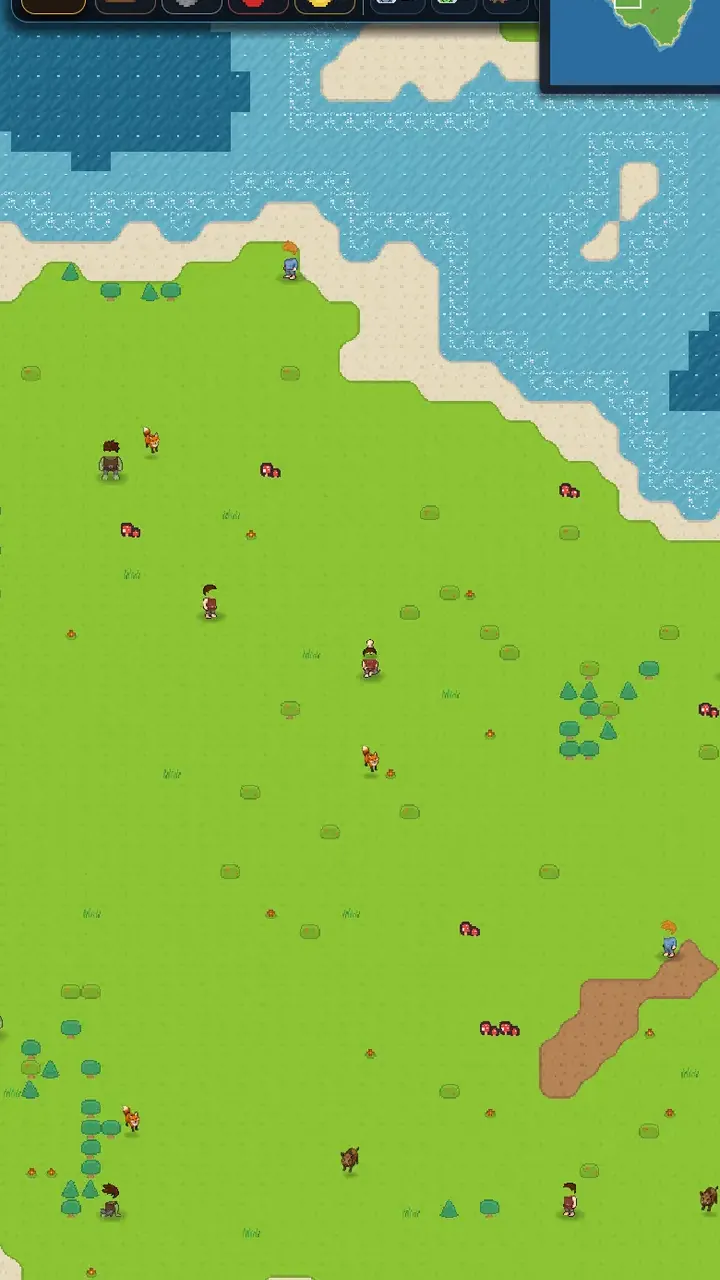 Ilha com aldeões, ferramentas de terreno e minimapa