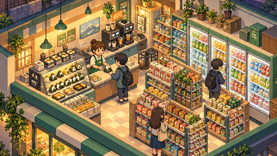 お客様と棚、レジのあるルミビニの店内(アイソメトリック)