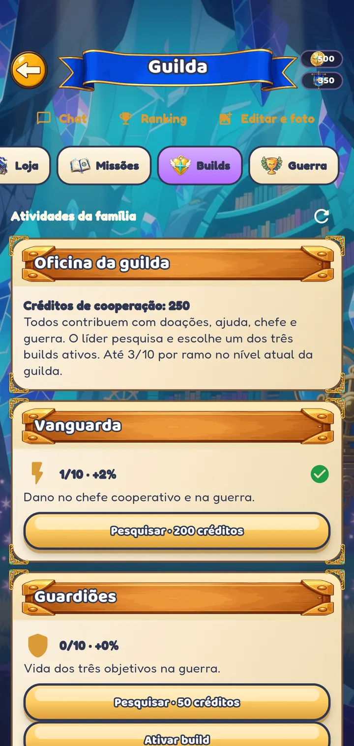 Pesquisas e builds da guilda