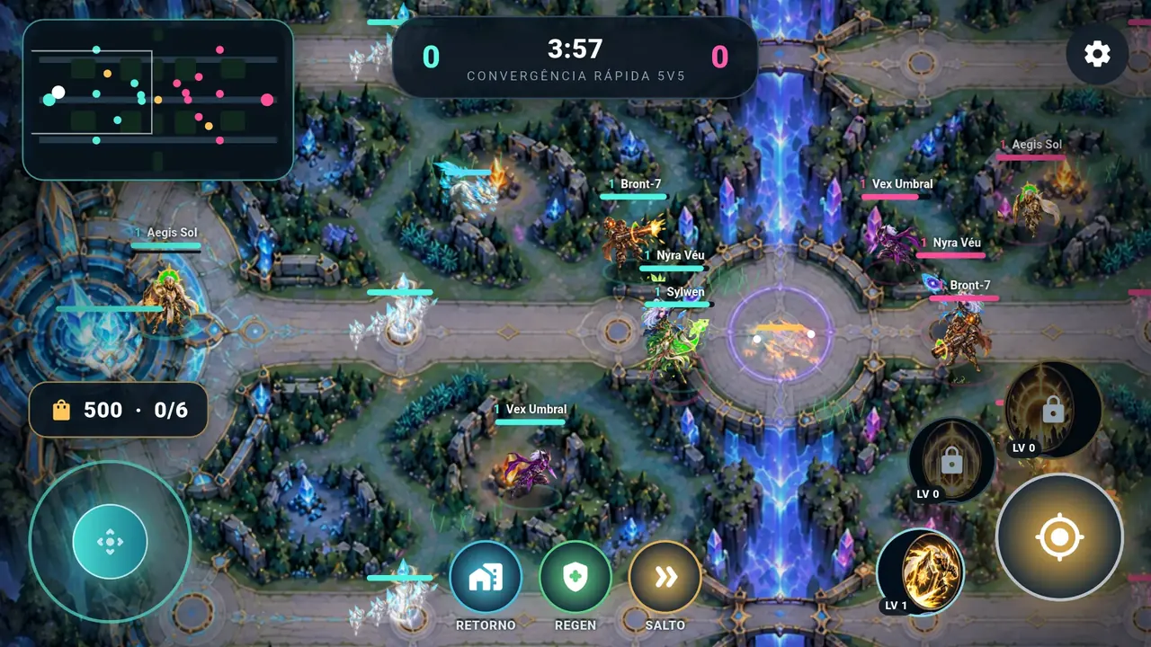 Partida na arena com três rotas e o rio central