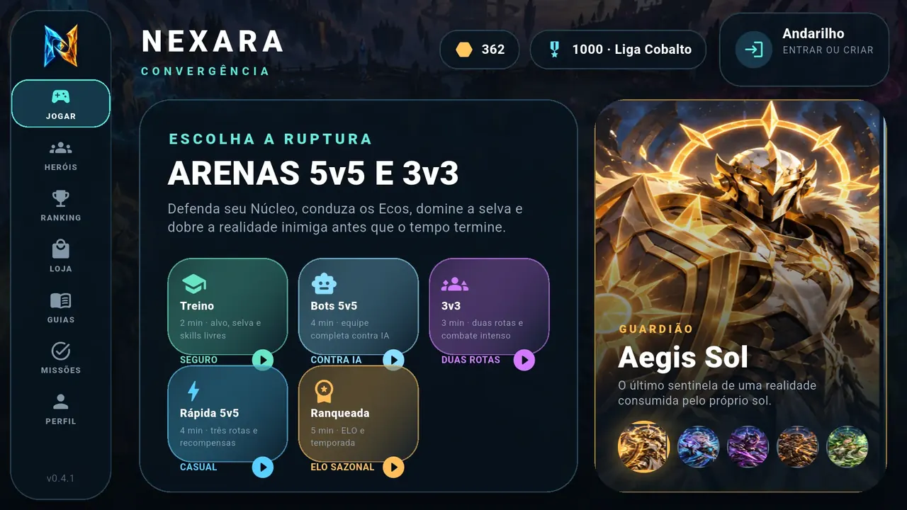 Lobby com os modos de partida e o Convergente Aegis Sol
