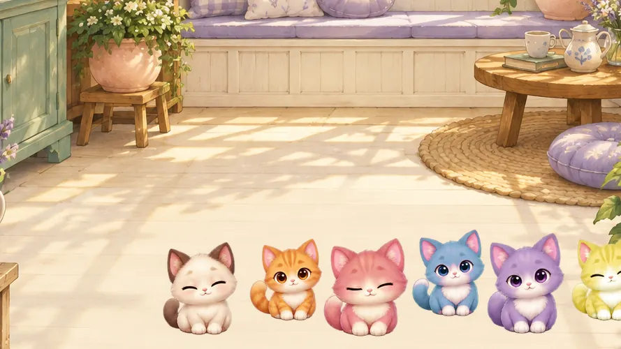 段ボール箱にそろえられたカラフルなねこたち